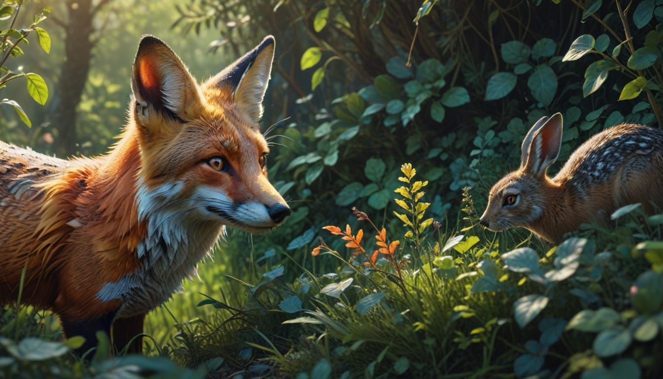Fox Stalking Hare: Hyperrealistic Concept Art