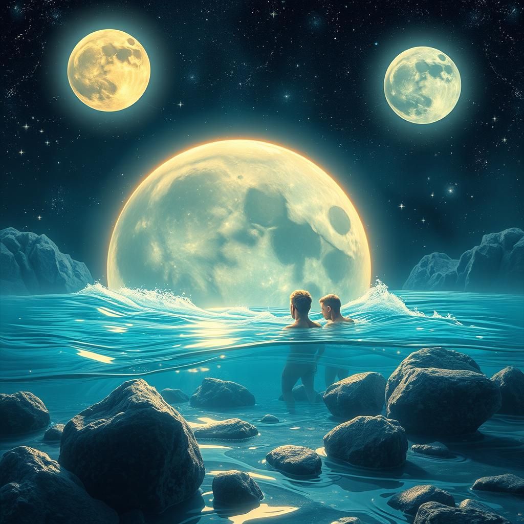 Water Oxen Charge Boys in Moonlit Astral Illustration