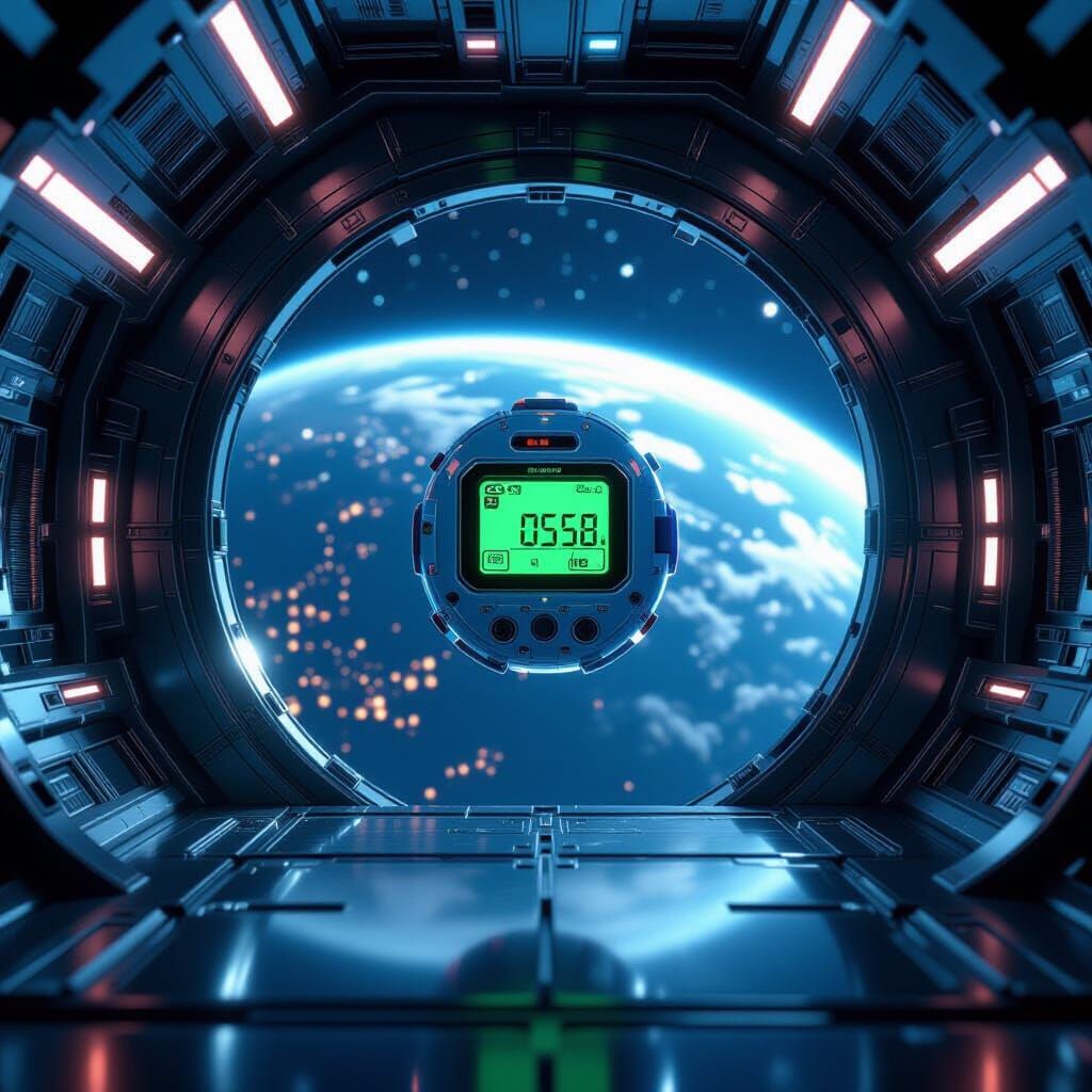 Cyber Tamagotchi in Zero Gravity Space Station with Earth Vi...