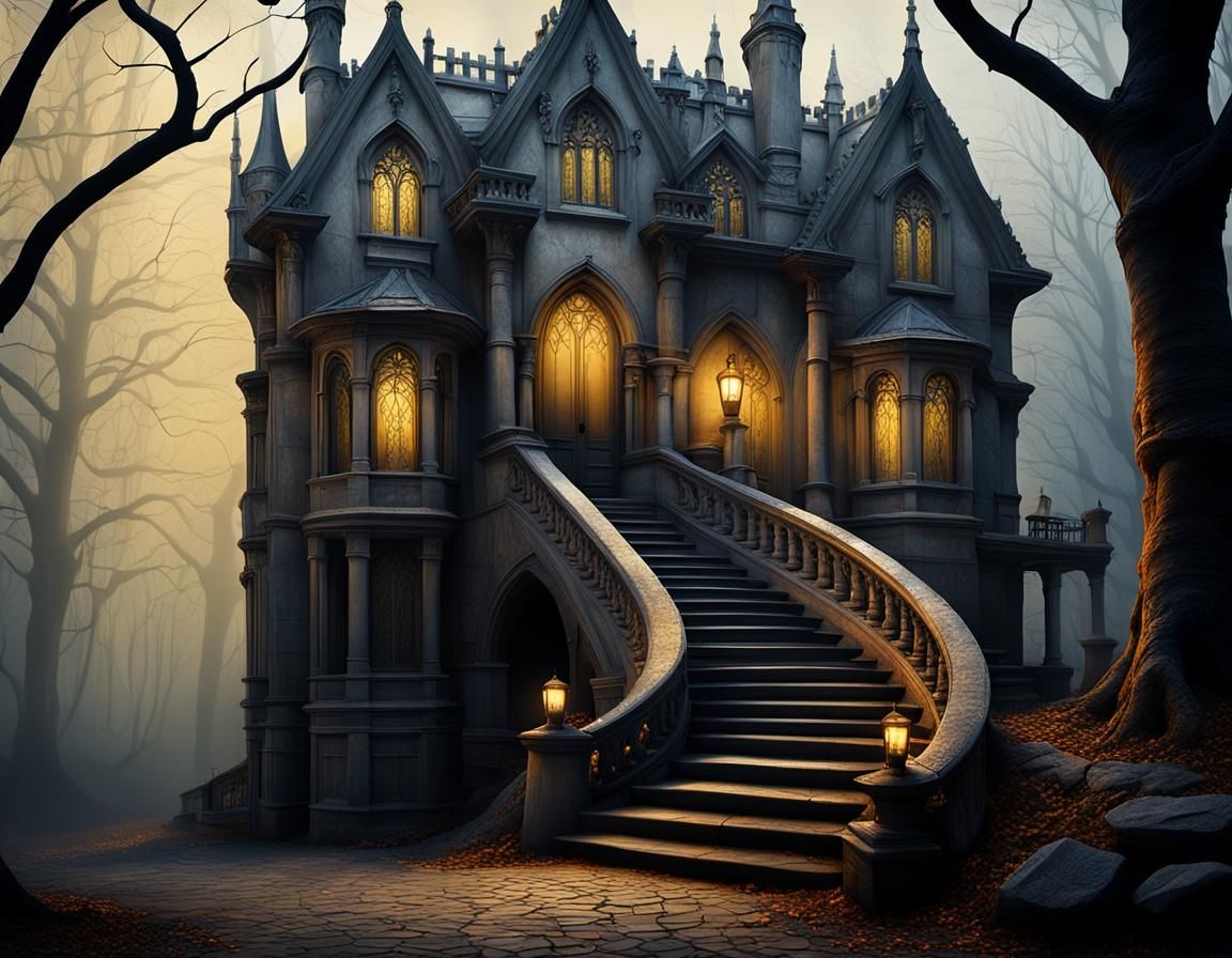 Neo-Gothic Mansion Staircase in Atmospheric Gloom