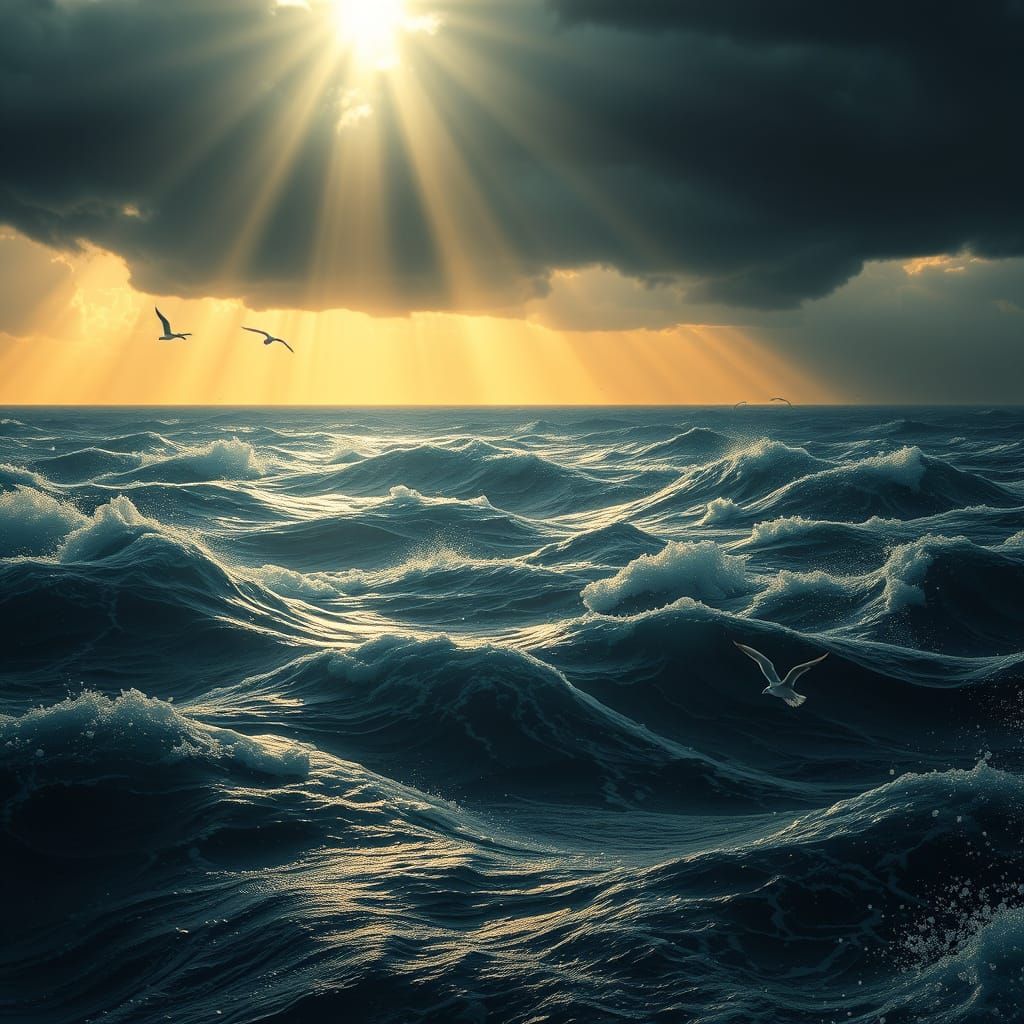 Turbulent Ocean Storm with Golden Sunbeams