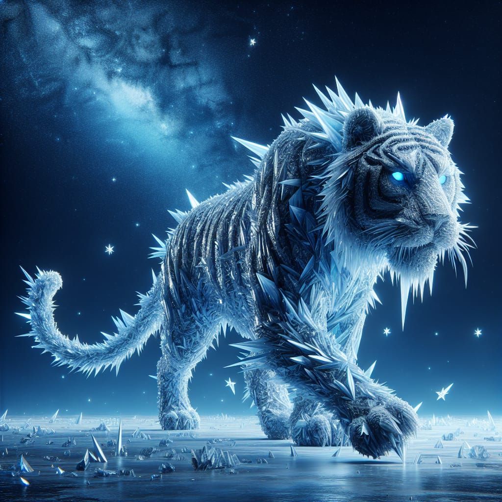 Icy Crystal Tiger Emerging from Cosmic Darkness