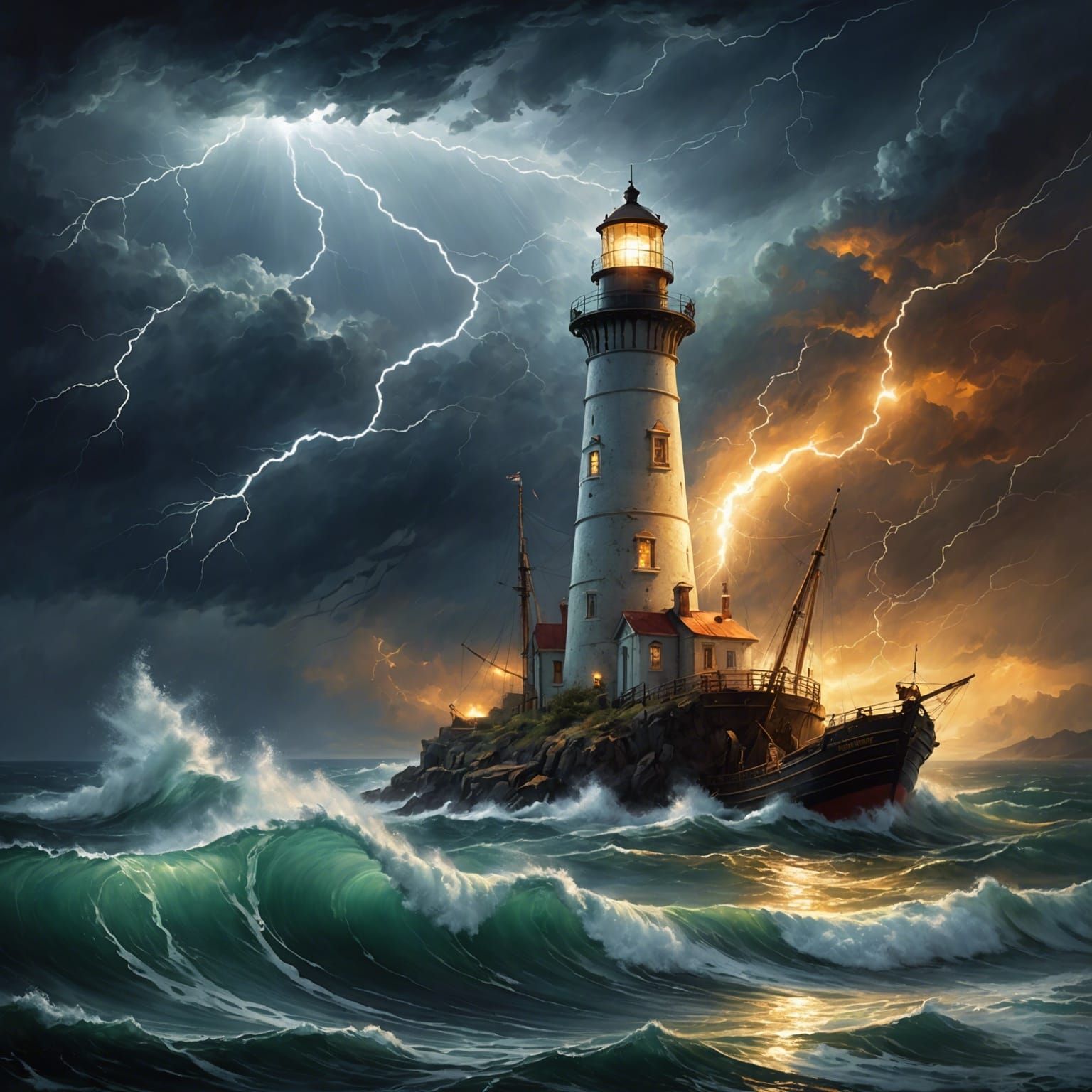 Lighthouse Beaming Strongly in Stormy Weather