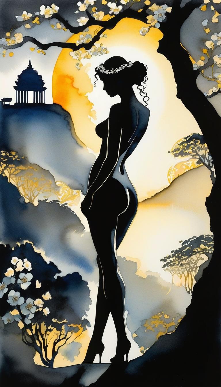 Aphrodite Silhouette in Golden Klimt Landscape