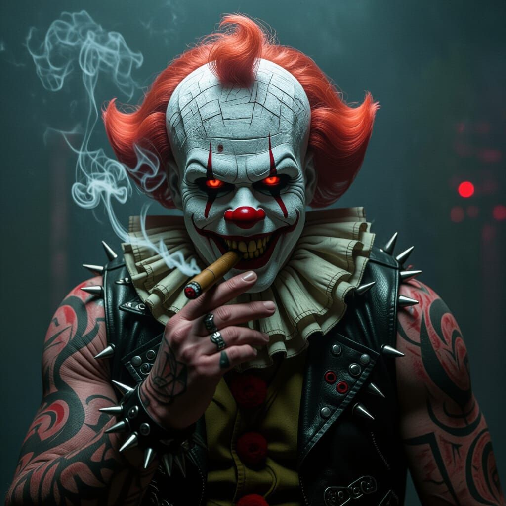 Terrifying Clown Portrait with Glowing Eyes and Sharp Teeth