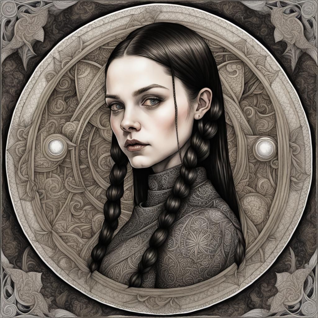 Wednesday Addams in Zentangle Line Art, Detailed