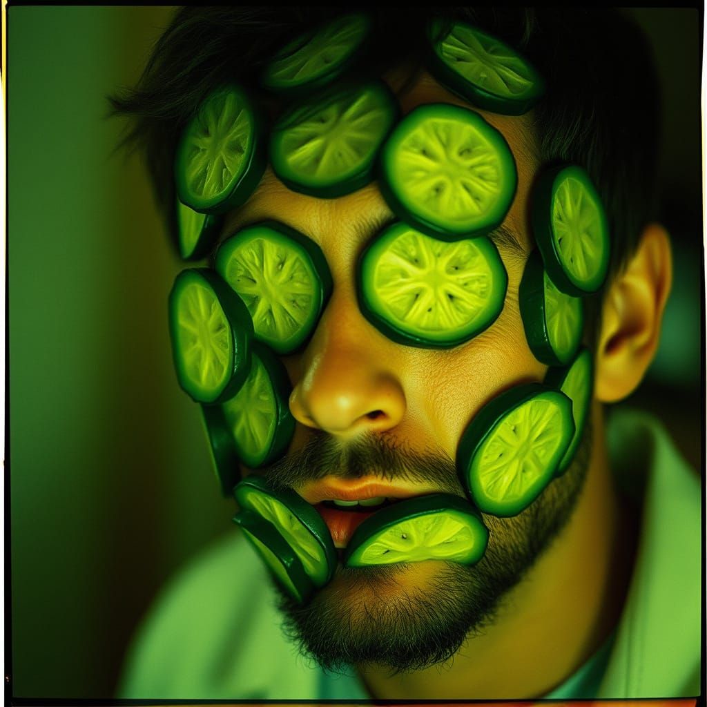 Man's Face Covered in Pickles: Cinematic Still