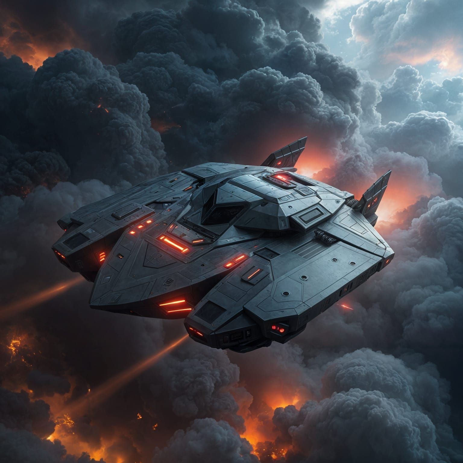Futuristic Flying Military Tank in Neon-Lit, Smoldering Skie...