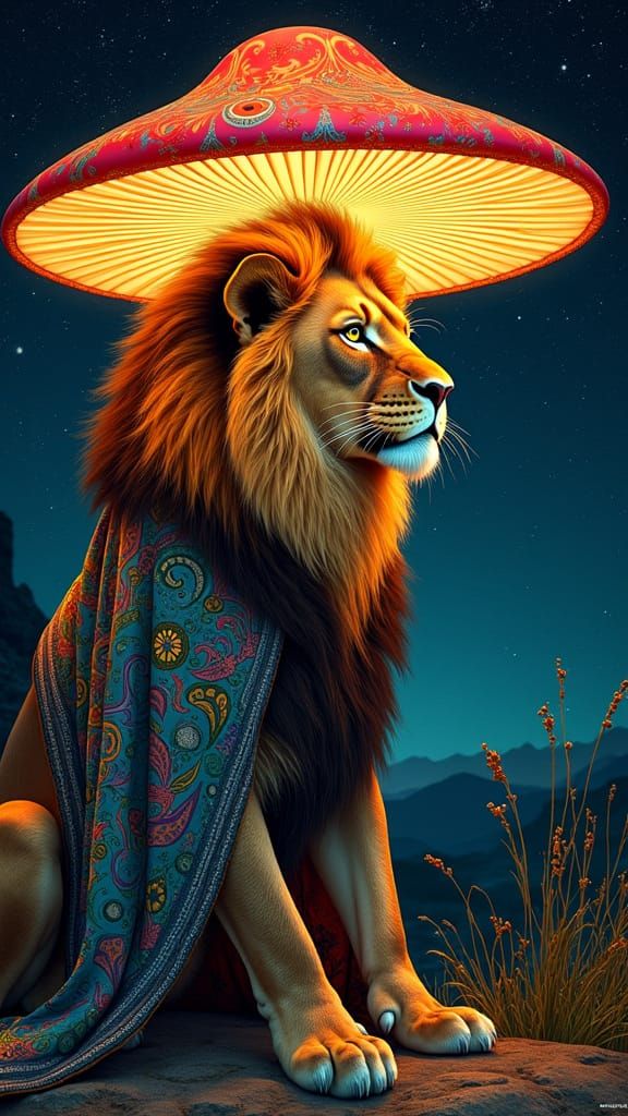 Regal Lioness Finds Solace Under Celestial Mushroom