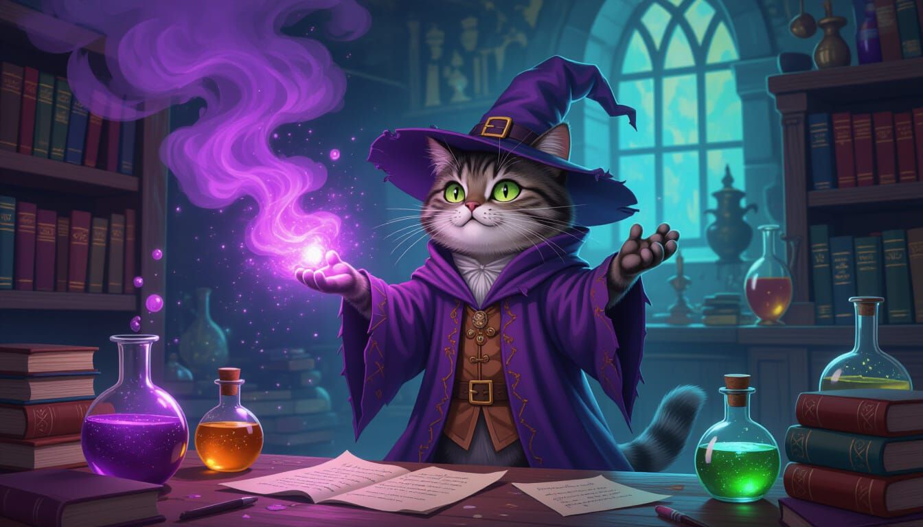 Failing Wizard Cat Creates Purple Smoke Shower