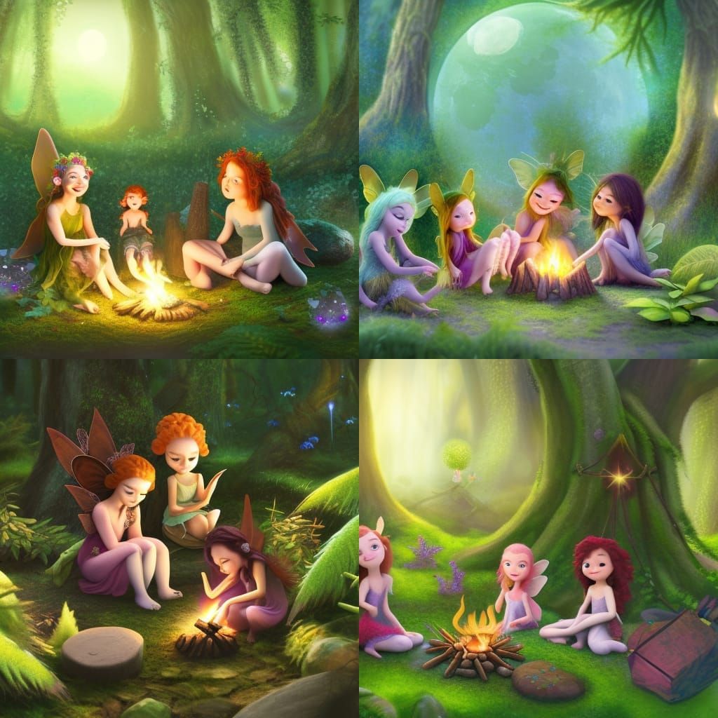 Adorable Fairies Around Campfire in Enchanted Forest