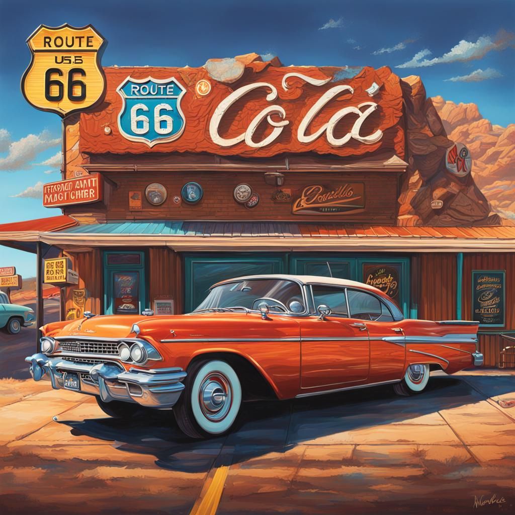 Route 66 Road Trip in Hyperrealistic Splash Art
