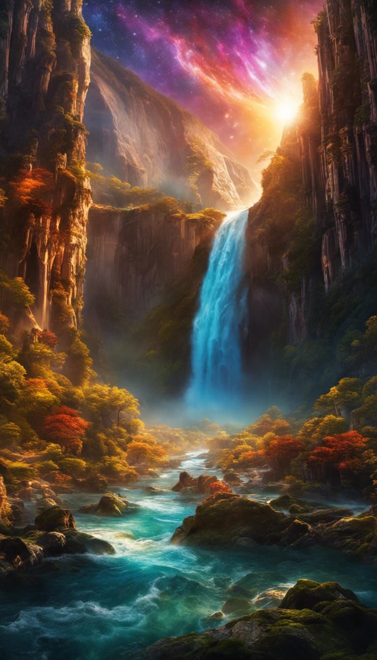 Cosmic Multiverse Waterfall in Fantasy Art Style