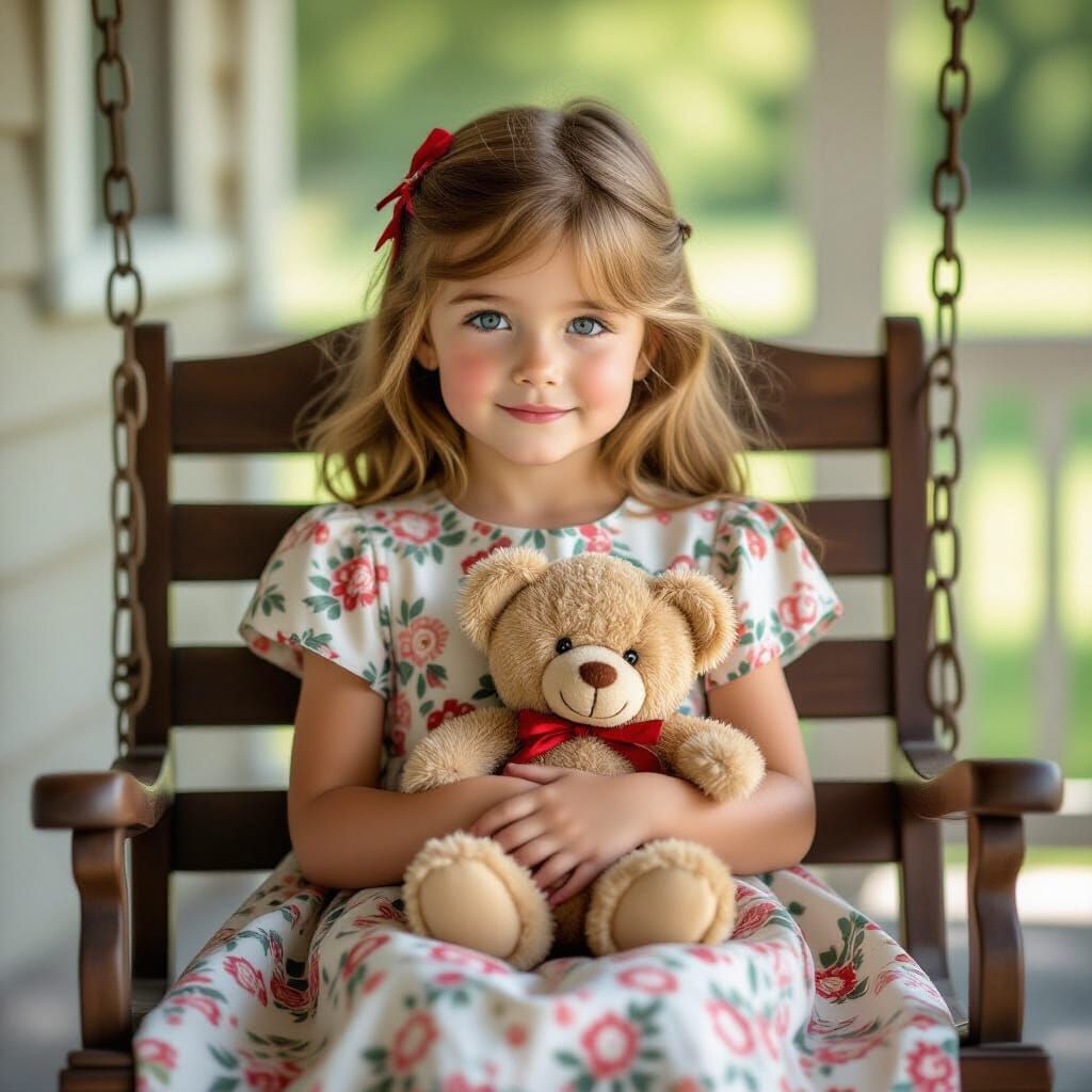Girl on Porch Swing with Teddy Bear