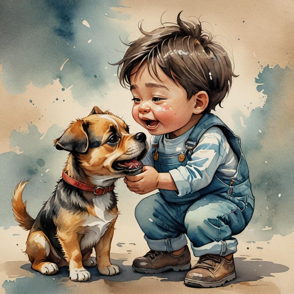 Watercolor Caricature of Boy Kissing Dog