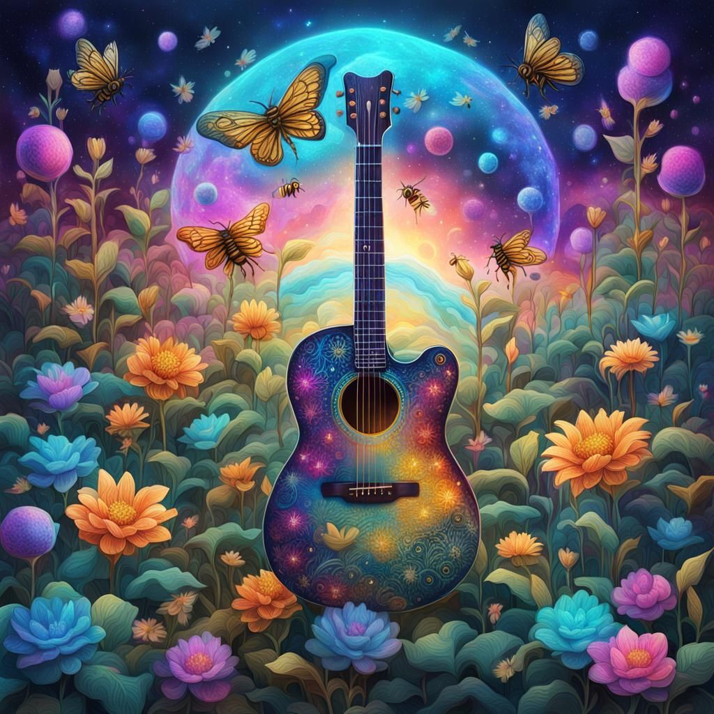 Cosmic Guitars Garden: A Holographic Astral Illustration