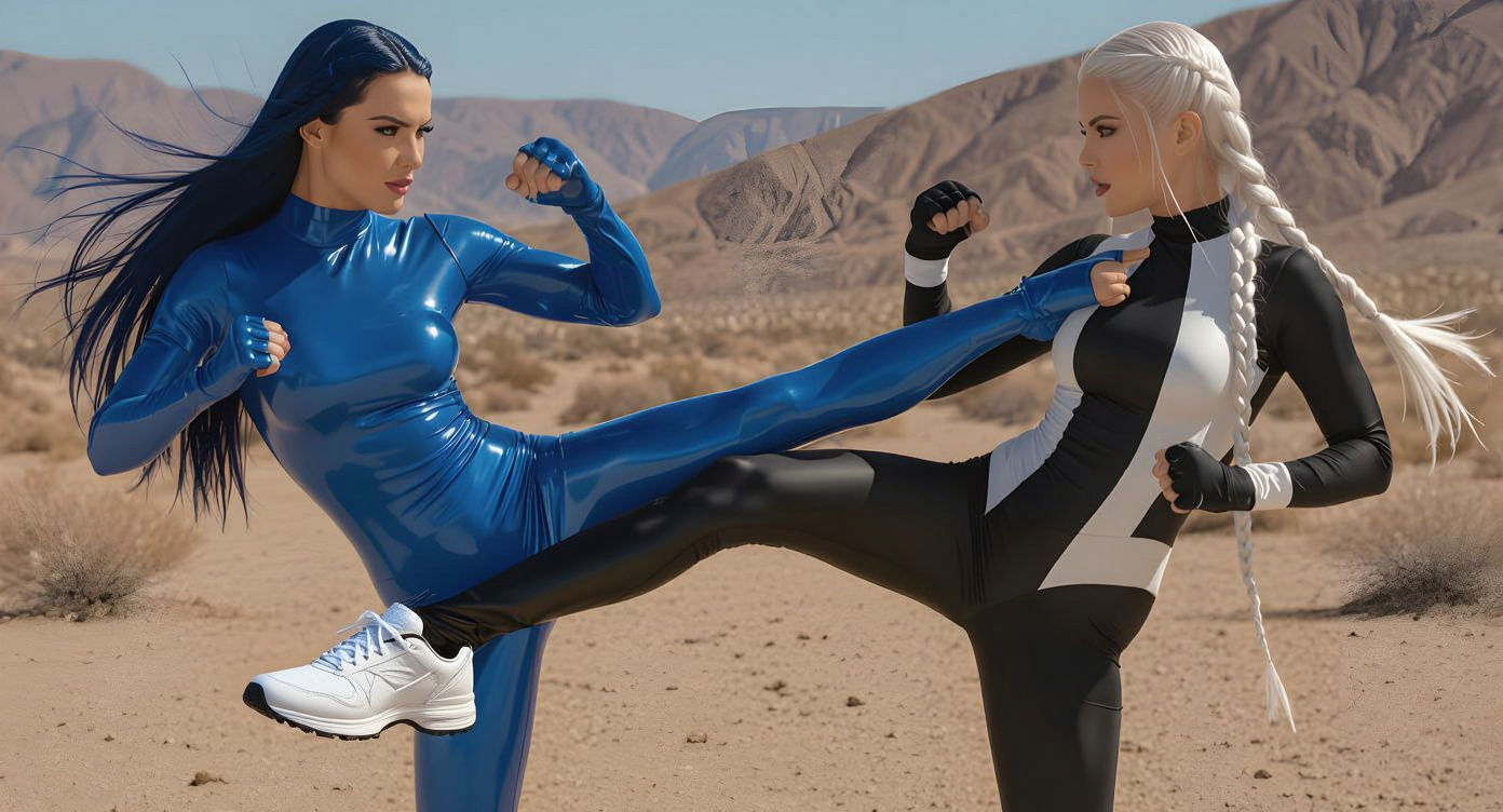 Hyperrealistic Women in Bodysuits Drop Kicking in Desert