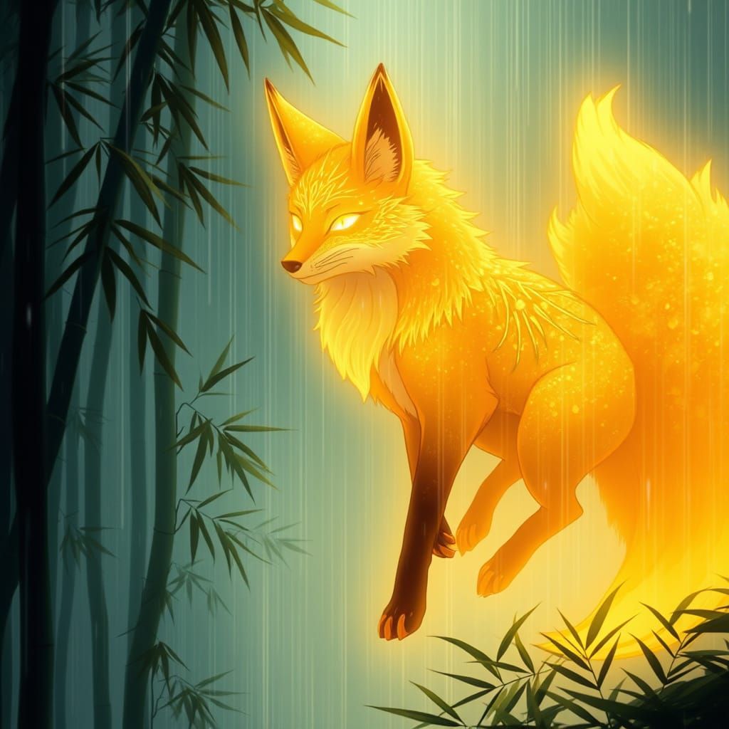 Golden Fox Spirit in Misty Bamboo Forest