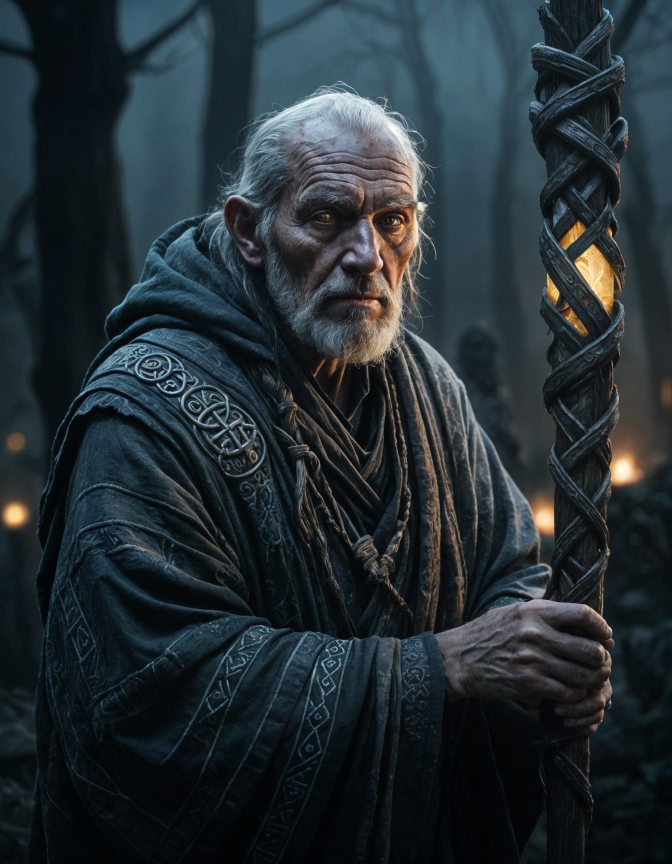 Mysterious Wanderer in Ruined Temple at Twilight