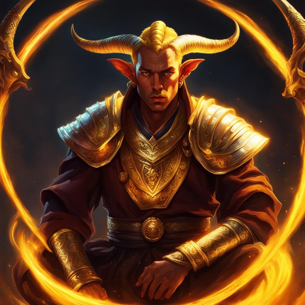 Tiefling Monk with Golden Aura: Heroic Fantasy Art
