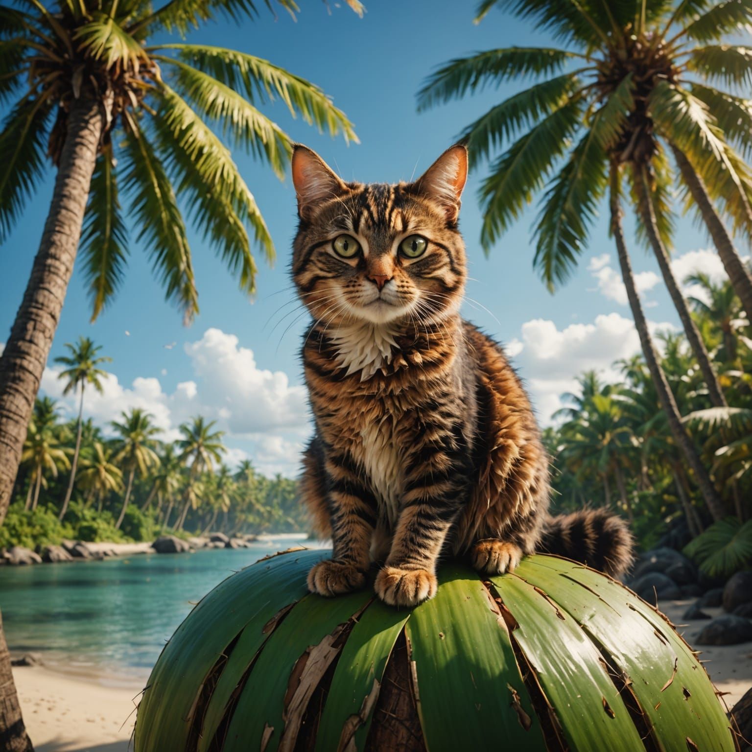 Fantastical Coconut Cat Amidst Tropical Paradise