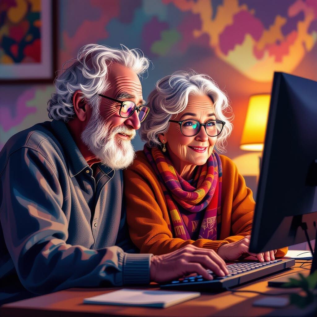 Grandparents' Warm Curiosity at Computer, Hyperrealistic Spl...