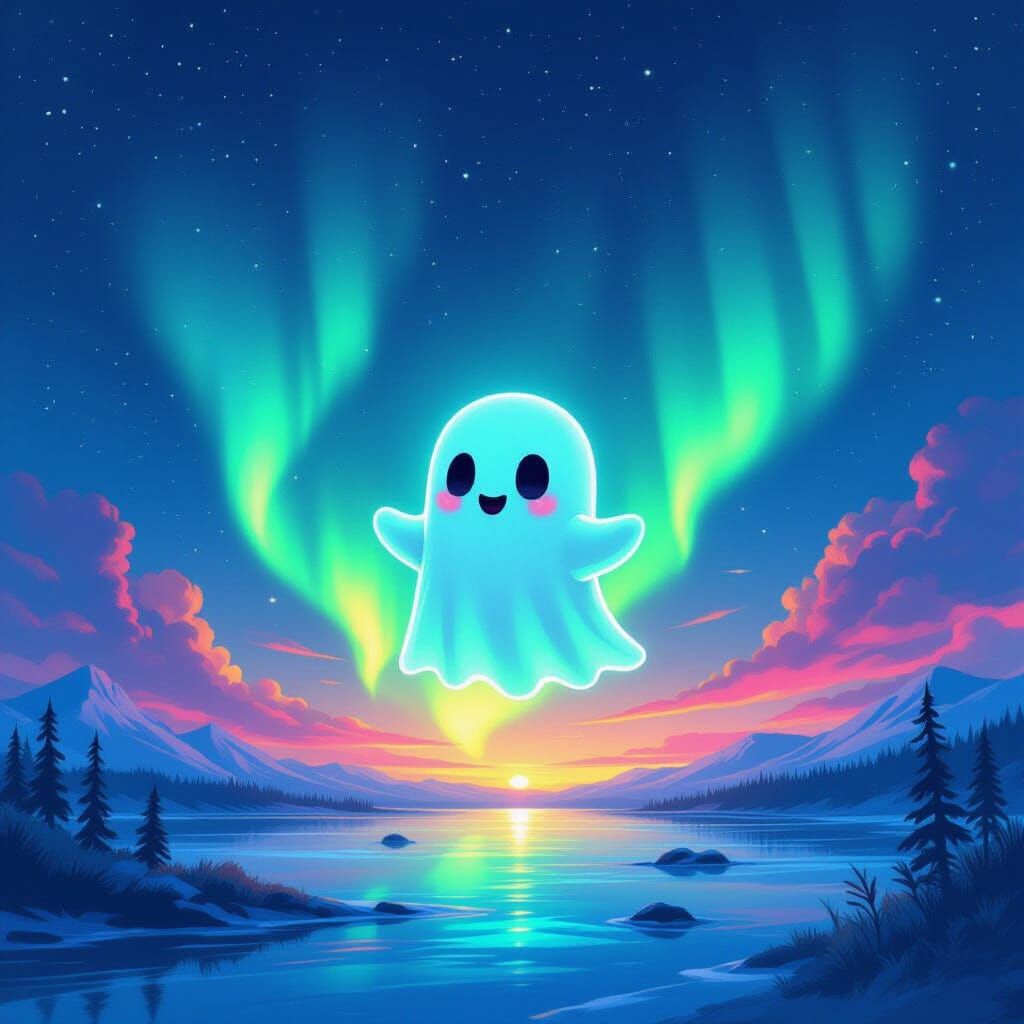 Neon Chibi Ghost Dances in Northern Lights