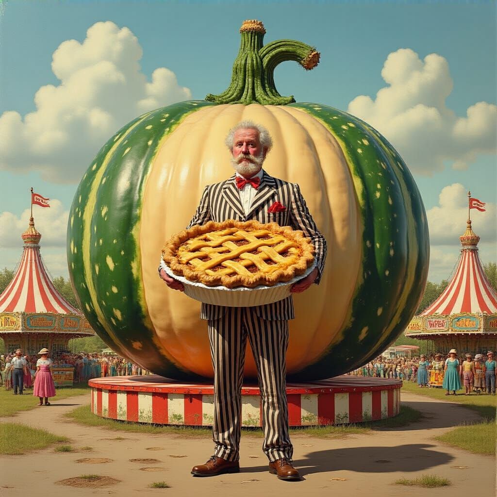 Pie Champion at Whimsical Fair in Surreal Folk Art Style