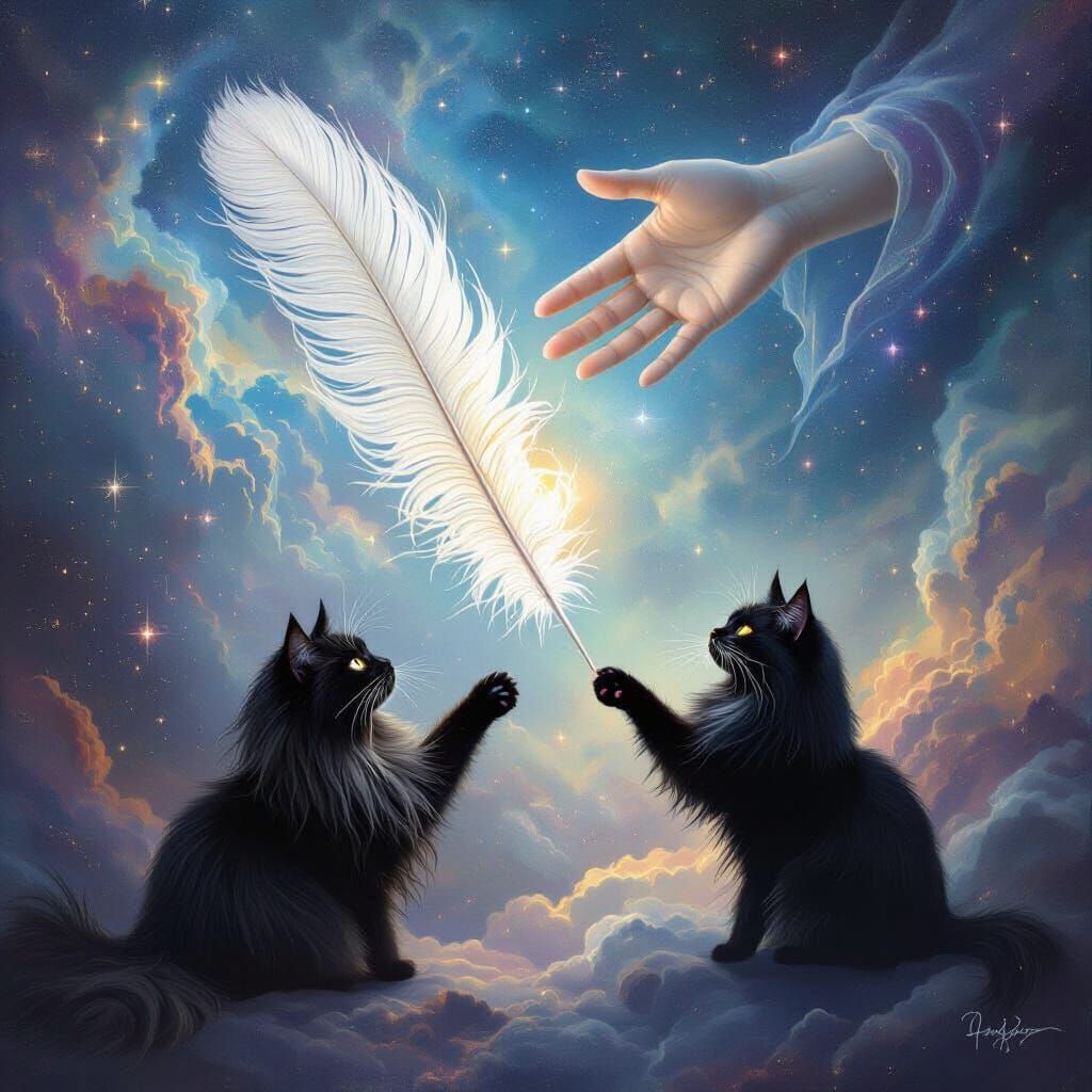 Divine Hand Offers Ostrich Feather to Black Cat in Space