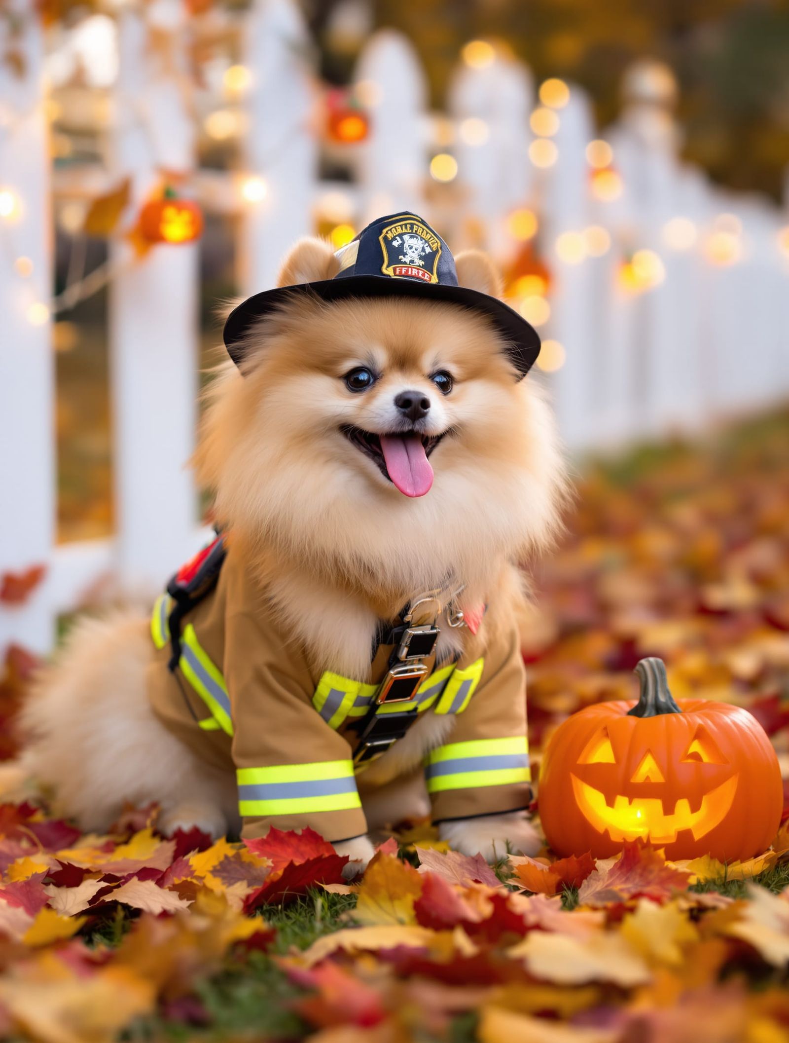 Cute Pomeranian Dog in Firefighter Costume with Pumpkin