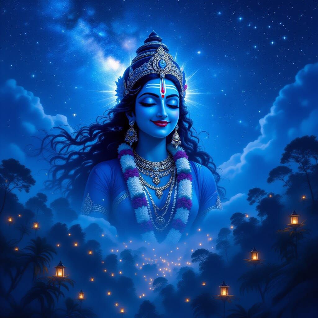 Blue Goddess Kali Ascends Above Twinkling Forest