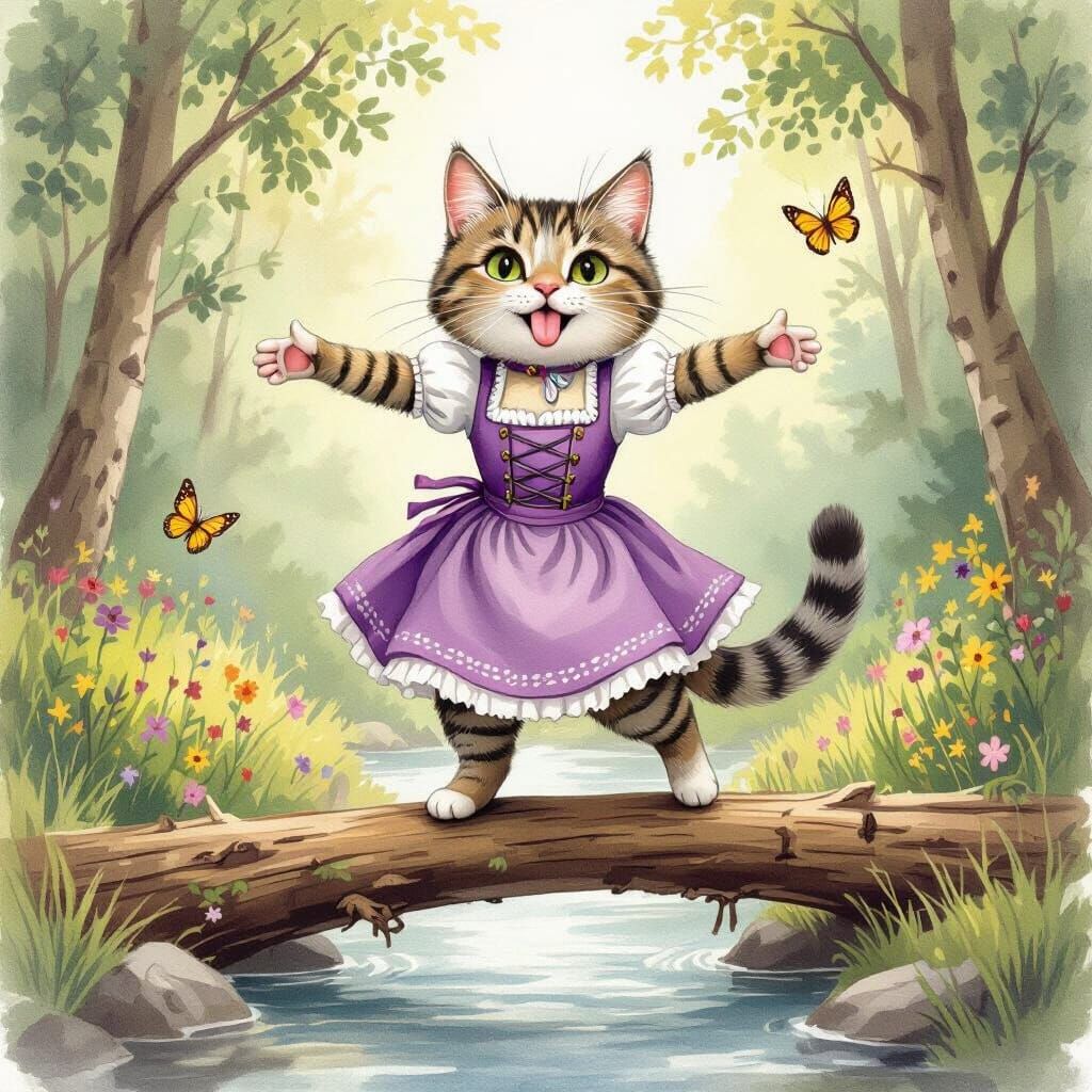 Anthropomorphic Cat Balances on Log, Watercolor Illustration