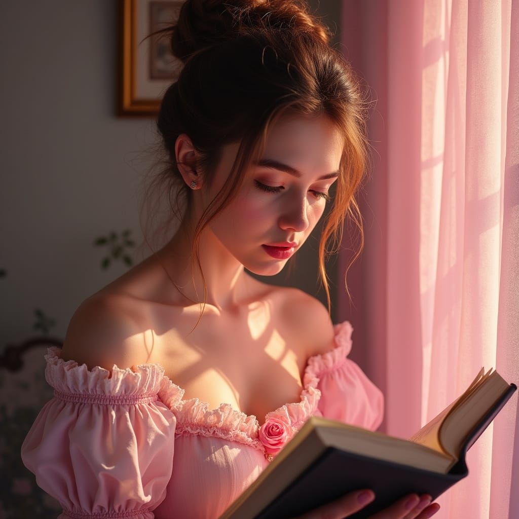 Gentle Woman Lost in Thought Amidst a Dreamy, Pink-Lit Lands...