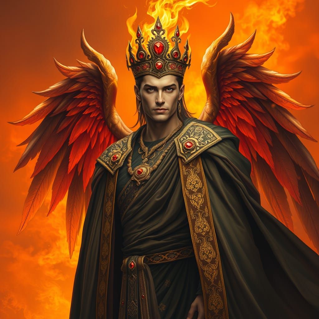 Regal Figure Embodies Mystical Realm in Blazing Orange Hues