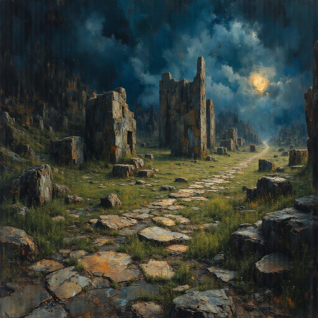 Ancient Civilization Ruins in Rugged Landscape, Painting