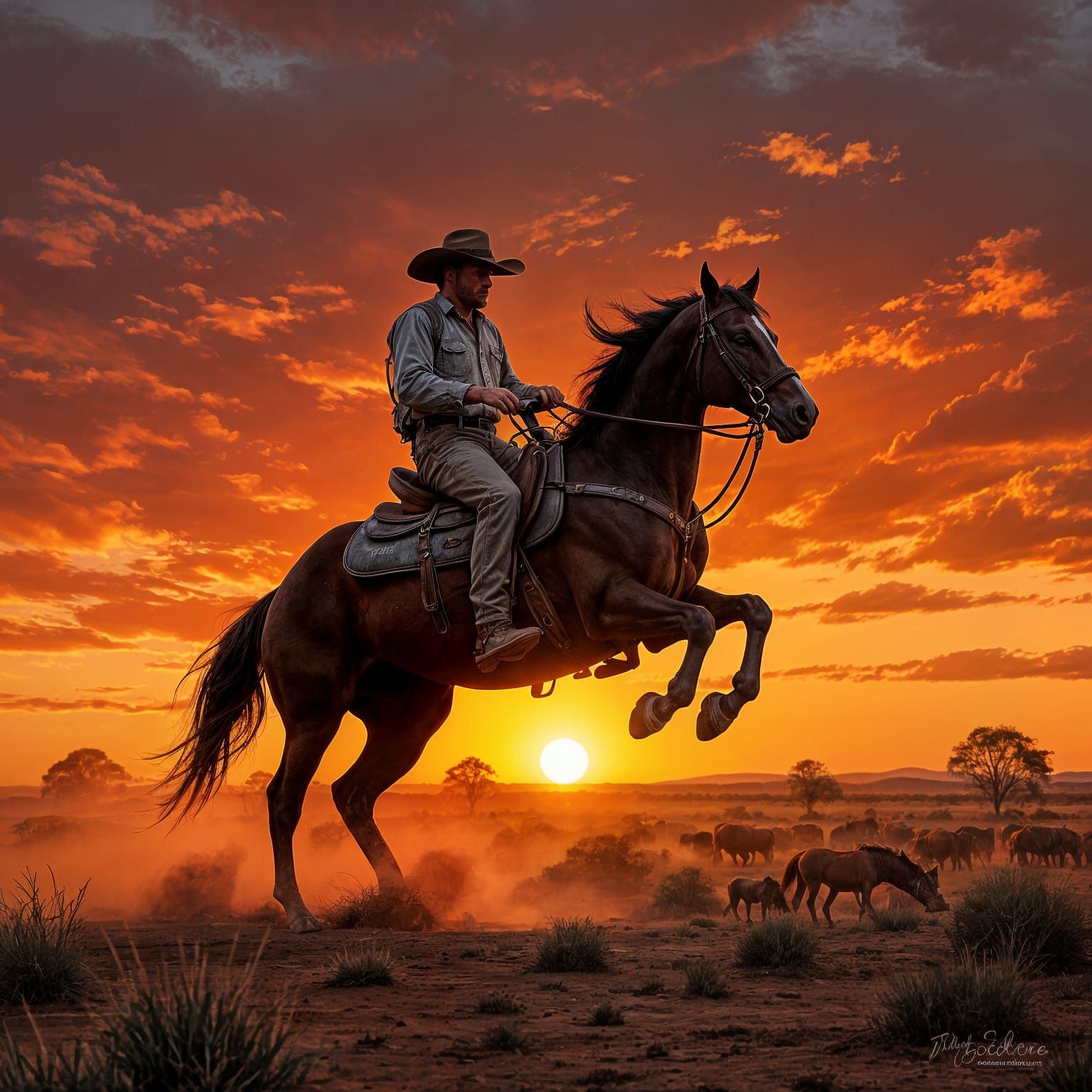Australian Stockman Silhouette: A Classic Oil Painting