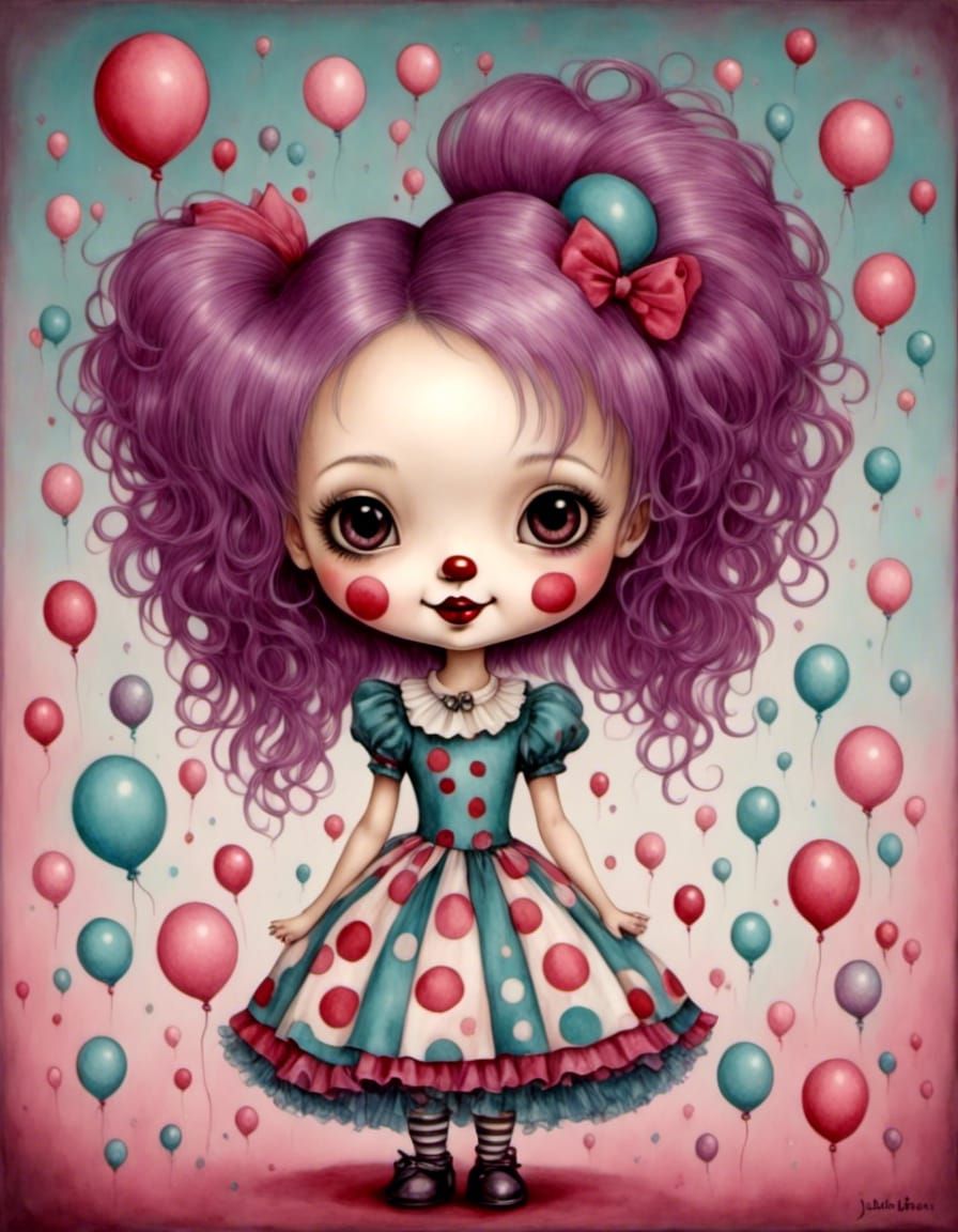 Chibi Harlequin with Cotton Candy Hair, Digital Art