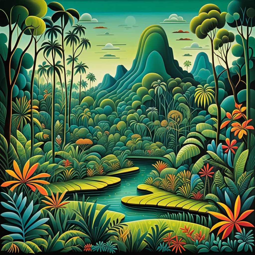 Naive Folk Art Jungle Landscape in Rousseau Style