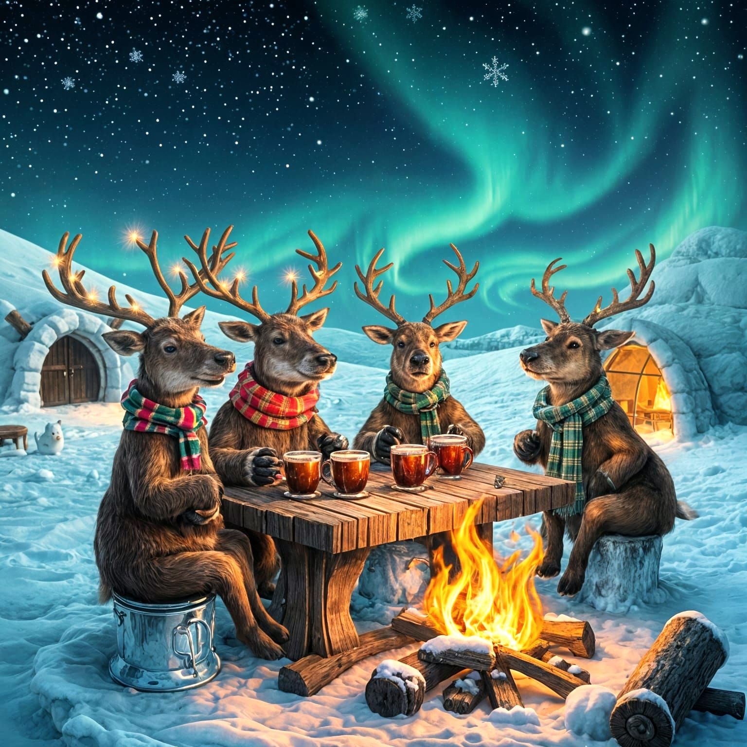 Whimsical Reindeer Gathering in Winter Wonderland