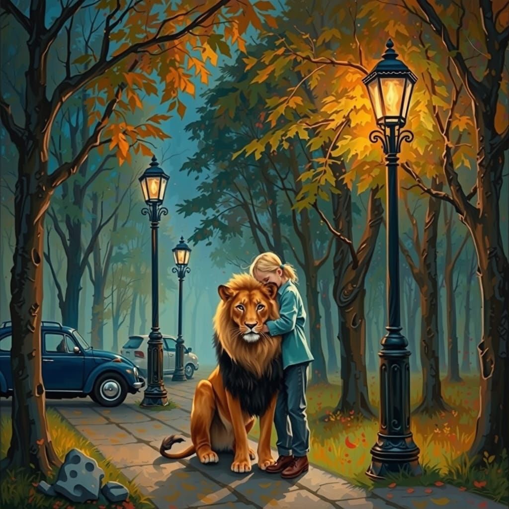 Neo-Impressionist Lion Encounter in Warm Woodland