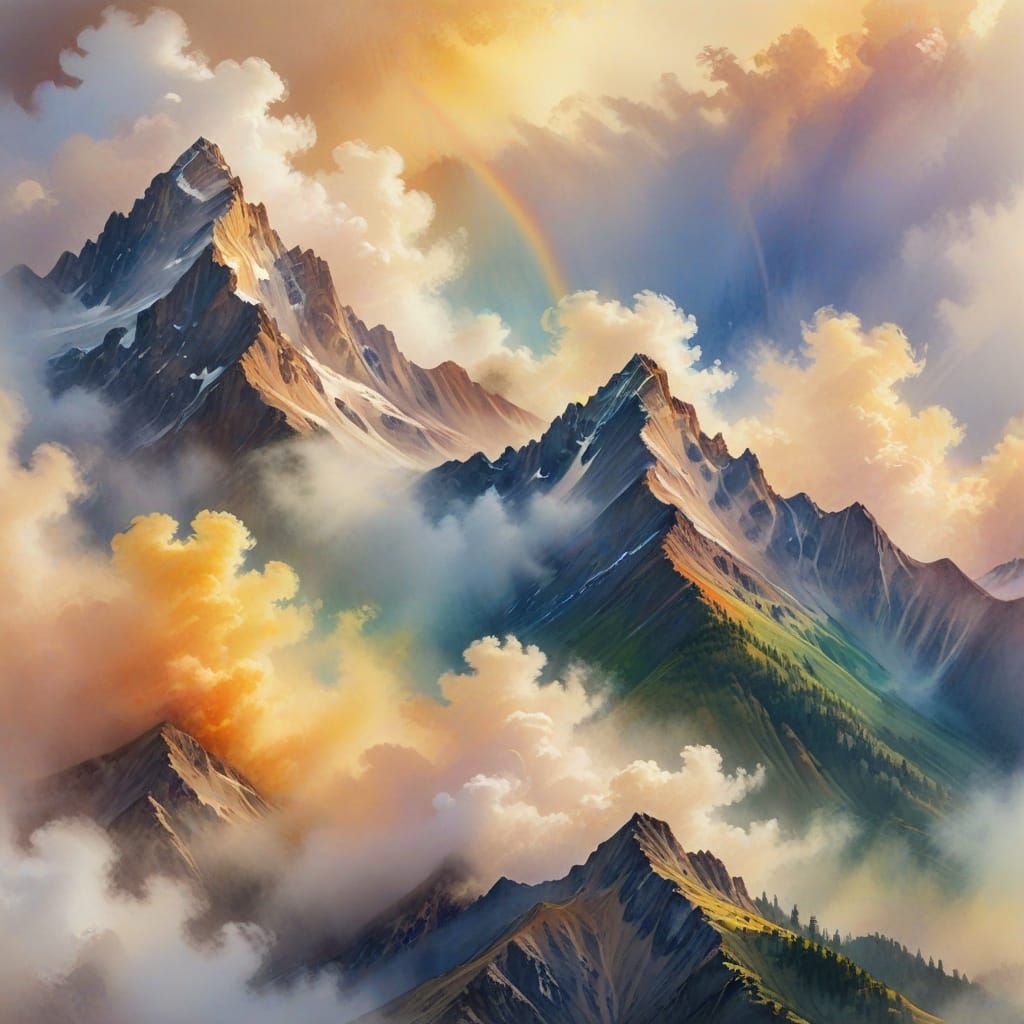 Rainbow Mountain Peaks in Watercolor Impressionist Style