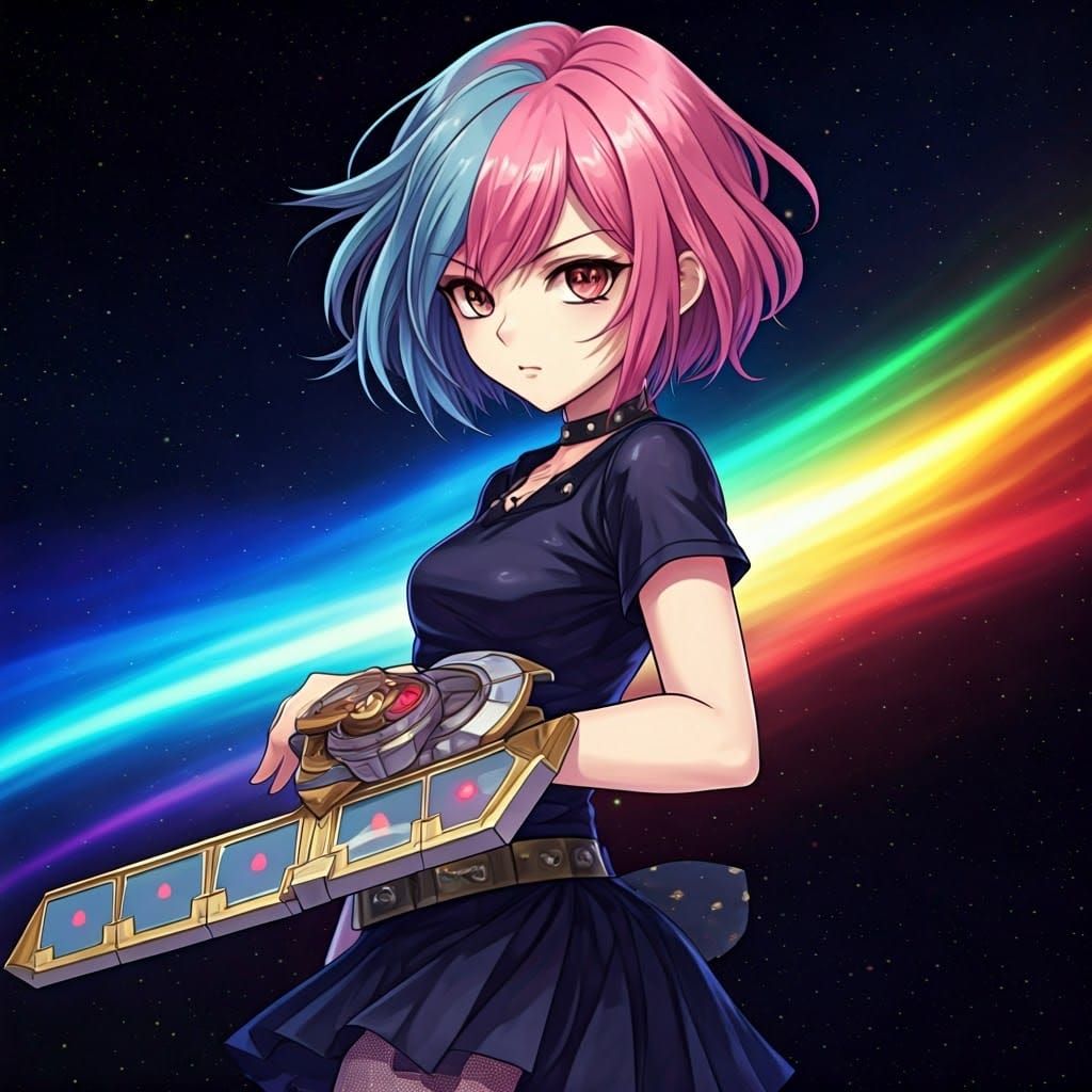 Glamorous Gothic Punk Duelist in Vibrant Nebula