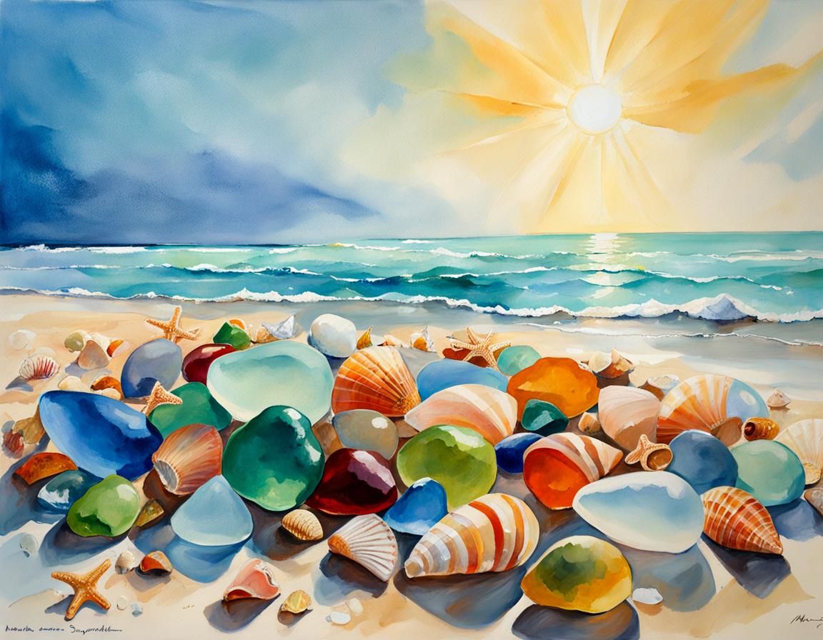 Seaglass and Seashells on Idyllic Impressionist Beach