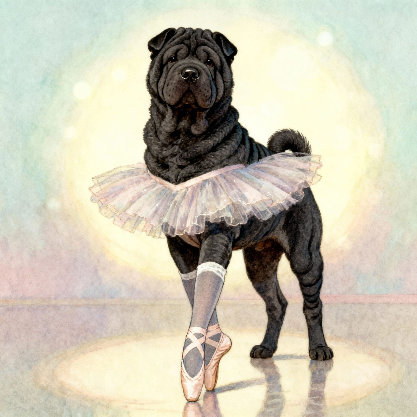 Black Shar-Pei Dog in Ballerina Tutu and Stockings