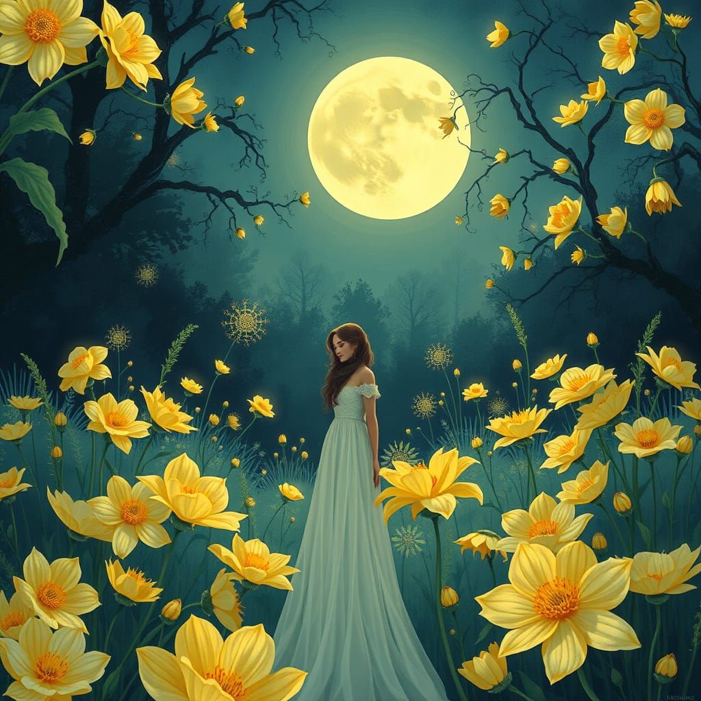 Moonlit Garden: Art Nouveau Dreamscape in Digital Painting