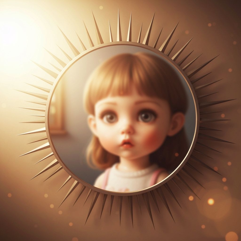 Round Mirror Reflecting Child's Face with Spikes