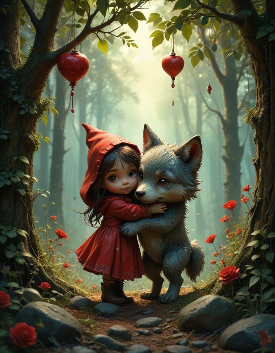 Chibi Little Red Riding Hood and Wolf Embracing in Whimsical...
