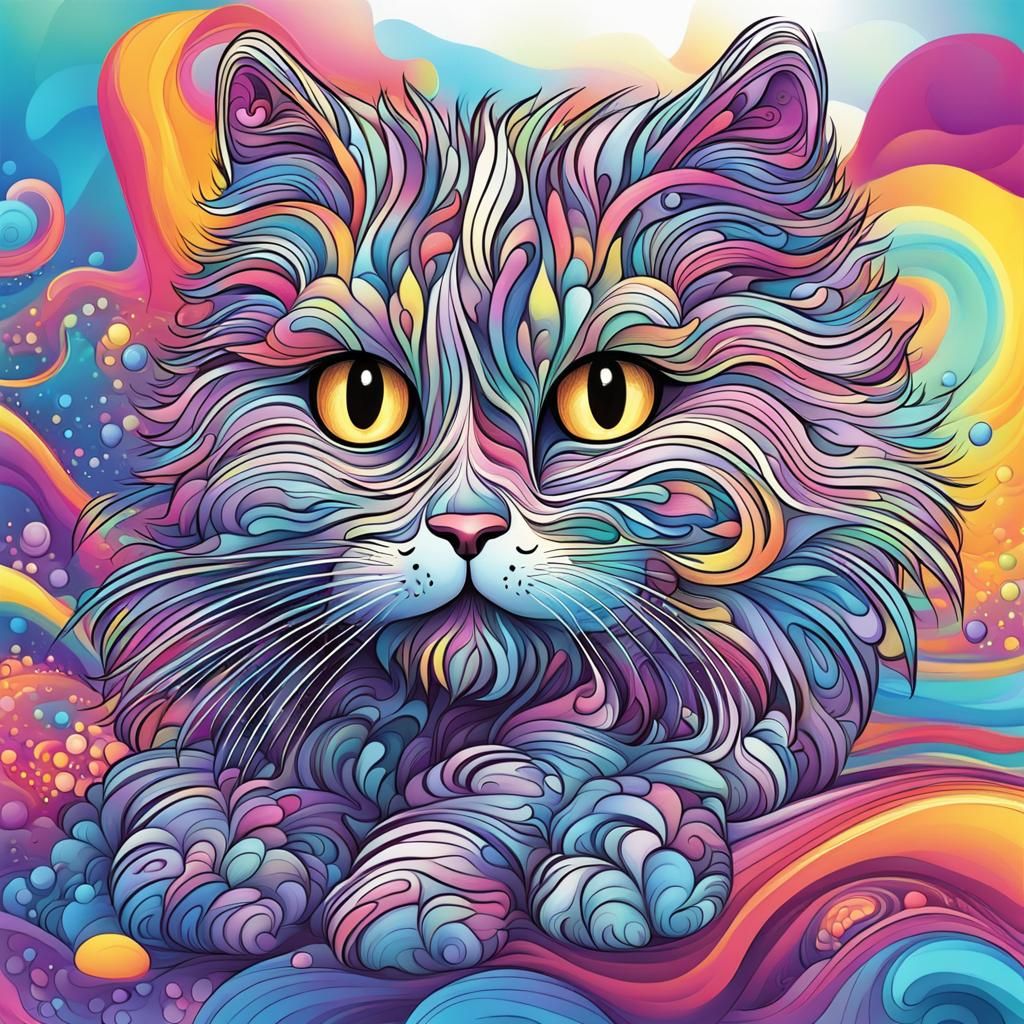Fluffy Cat in Lisa Frank Style Illustration
