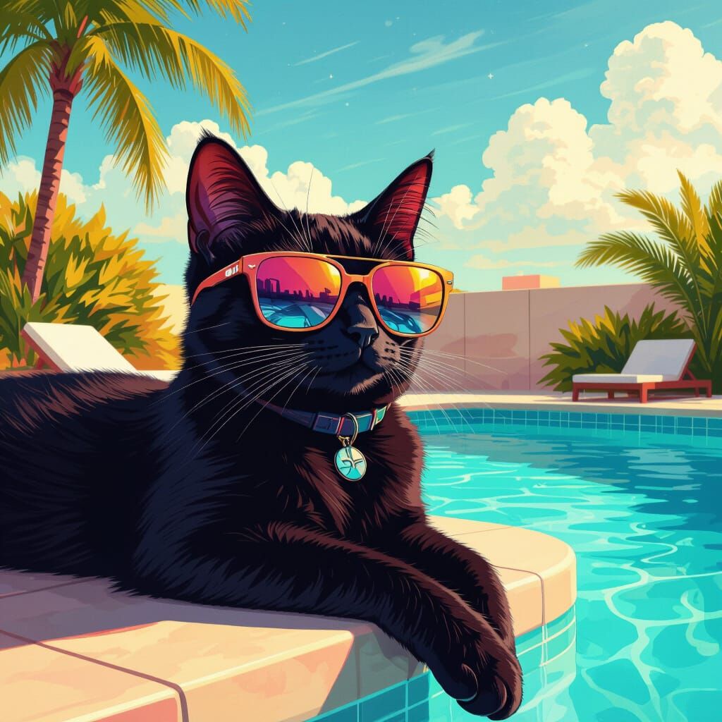 Chic Cat Lounging Poolside in Sunglasses