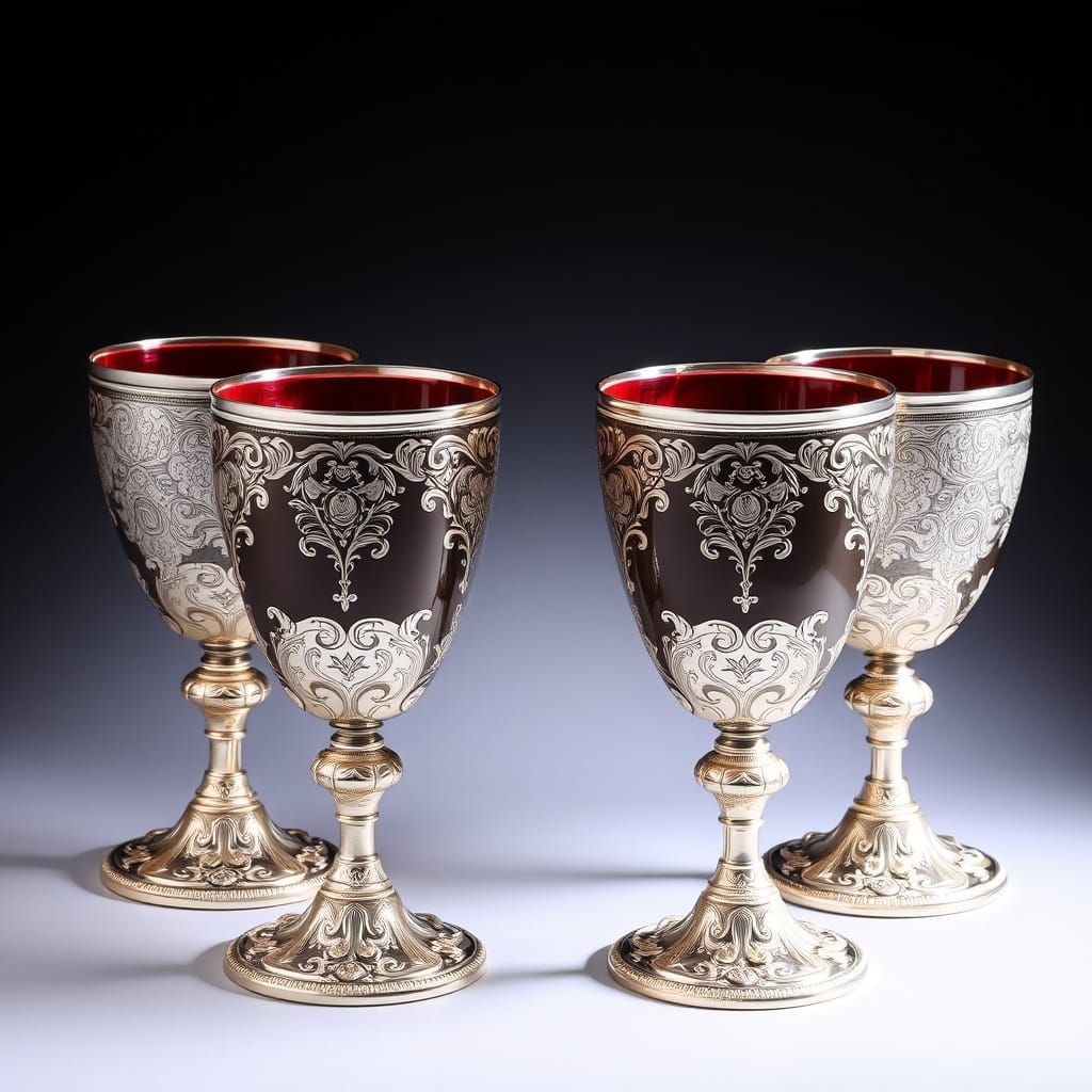 Elegant Baroque Silver Goblets on Velvet-Lined Background
